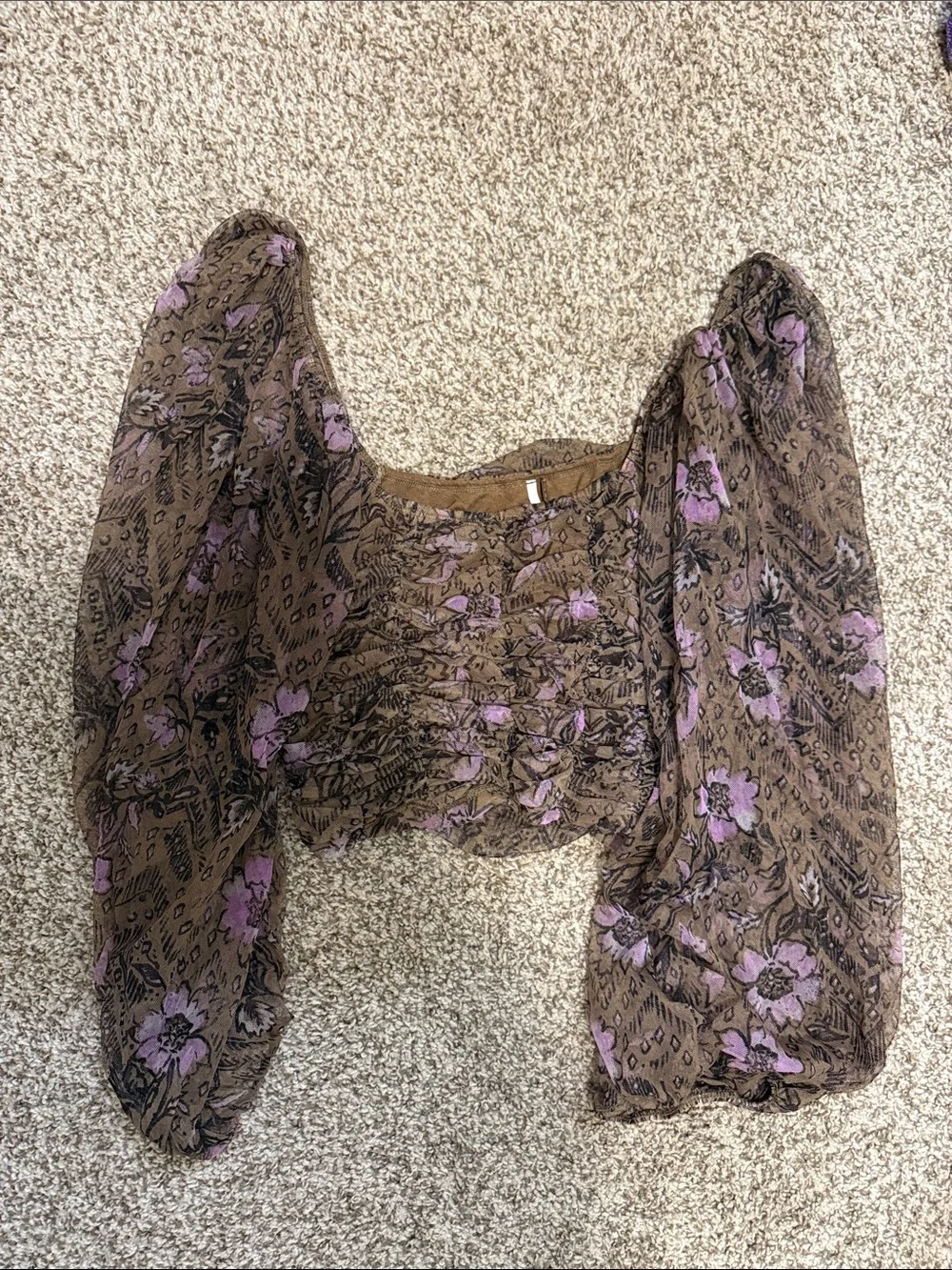 Free People Brown Crop Top with Purple Floral Print